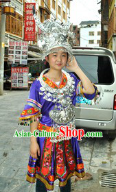 Blue Traditional Chinese Miao Silver Crown and Suit for Women
