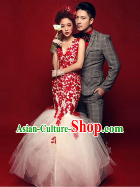 Photography Studio Use Fish Tail Wedding Dress and Suit for Brides and Bridegroom