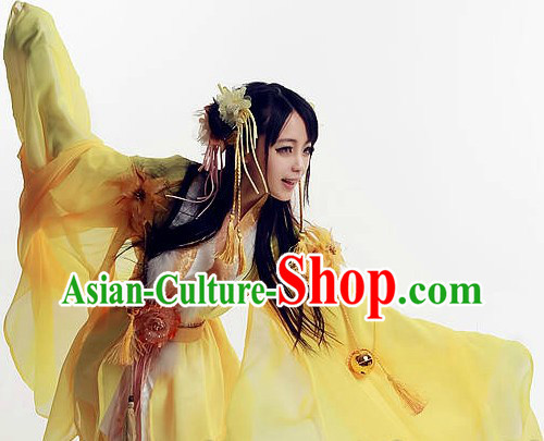 Yellow Ancient Chinese Fairy Costumes and Hair Accessories