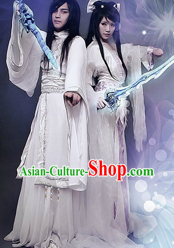 Ancient Chinese White Swordsman and Swordswoman Costumes Two Complete Sets