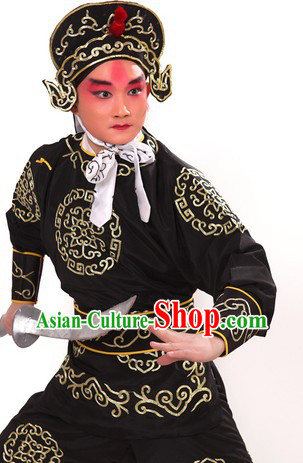 Black Traditional Chinese Opera Solider Character Suit and Hat for Men