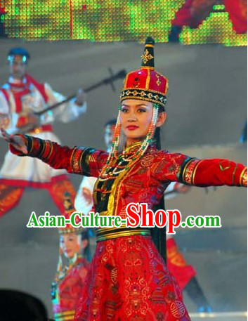 Traditional Chinese Mongolian Ethnic Clothing and Hat for Women