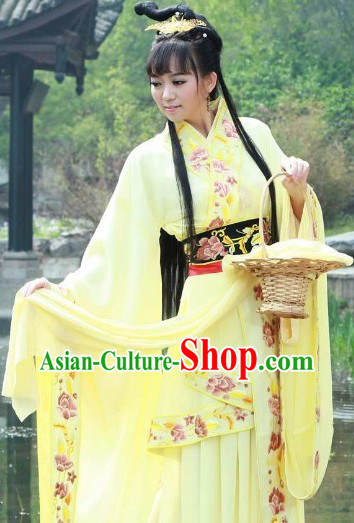 Yellow Ancient Chinese Xi Shi Beauty Costumes and Basket Complete Set