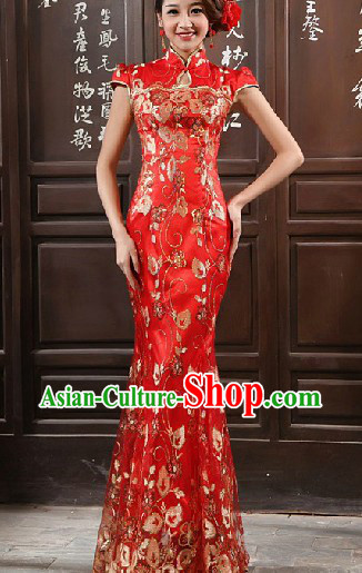 Long Lace Red Chinese Mandarin Wedding Evening Dress