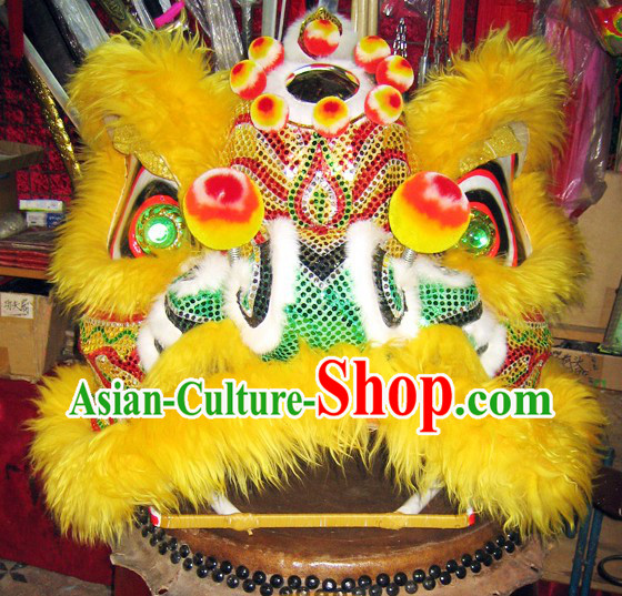 Yellow Long Wool Professional Chinese Lion Dance Costumes Complete Set for Adults