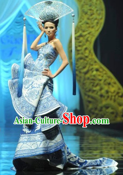 Beauty Contest Chinese Classical Style Blue and White Performance Dress Clothing for Women