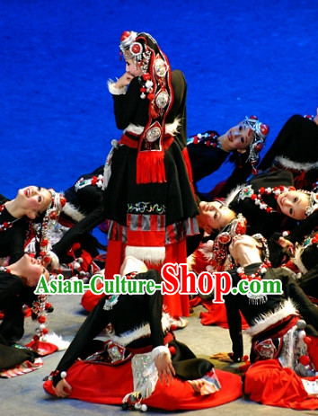 Chinese Folk Ethnic Tibetan Dance Costumes and Headwear for Women