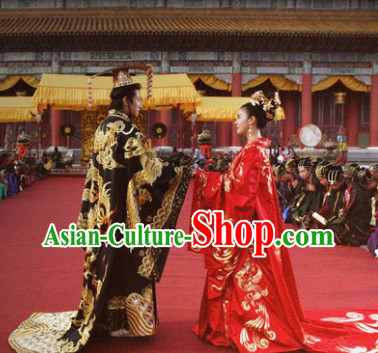 Ancient Korean Emperor and Empress Wedding Dresses Headwear Complete 2 Sets