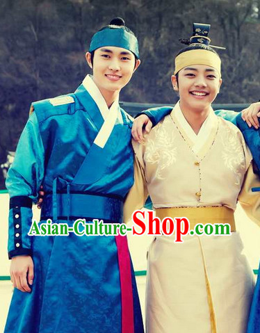 Ancient Korean Male Hanbok Clothing and Headwear Complete Set (the blue set)