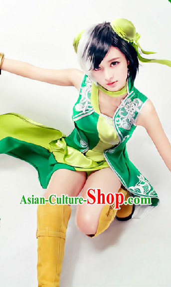 Chinese Green Yellow Princess Cosplay Costumes and Headwear Complete Set