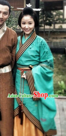 Ancient China Green Hanfu Long Robe Set for Women