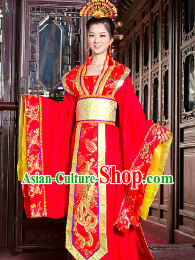 Ancient Chinese Tang Red Phoenix Wedding Robe with Long Tail