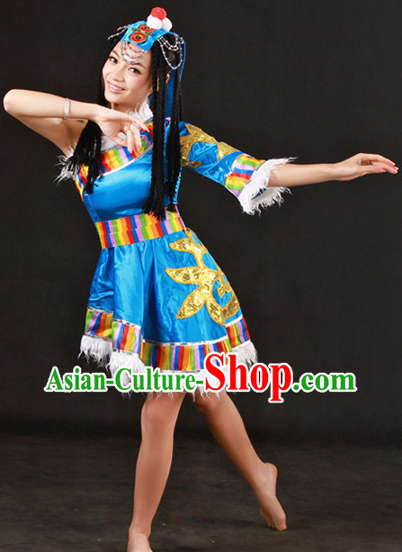Tibetan Dance Costumes and Headwear Complete Set for Girls