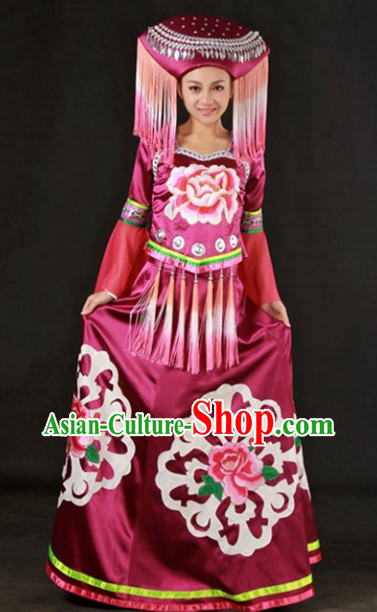 Big Peony Zhuang Ethnic Minority Recital Dance Costume and Headgear Complete Set