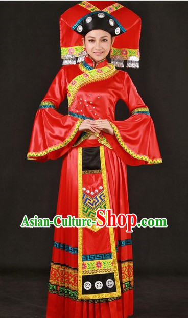 Traditional Chinese Zhuang Wedding Dresses and Hat for Women