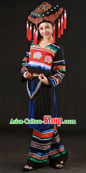 Zhuang Ethnic Traditional Dresses and Hat Complete Set for Women