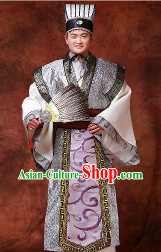 Chinese Zhuge Liang Costumes and Hat and Fan