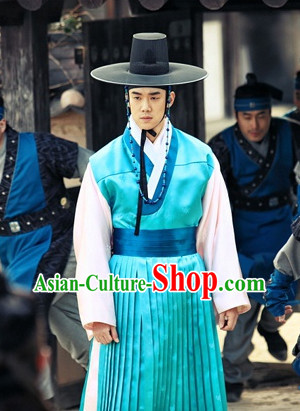 Traditional Korean Blue Clothes and Hat Complete Set
