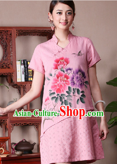 Hands Painted Peony Mandarin Traditional Skirt for Women