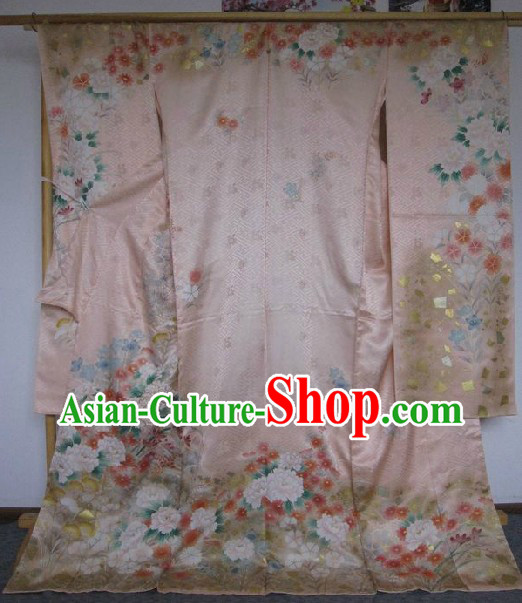 100 Percent Silk Traditional Japanese Pink Kimono Complete Set for Women
