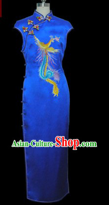 Chinese Classical Silk Blue Embroidered Phoenix Cheongsam