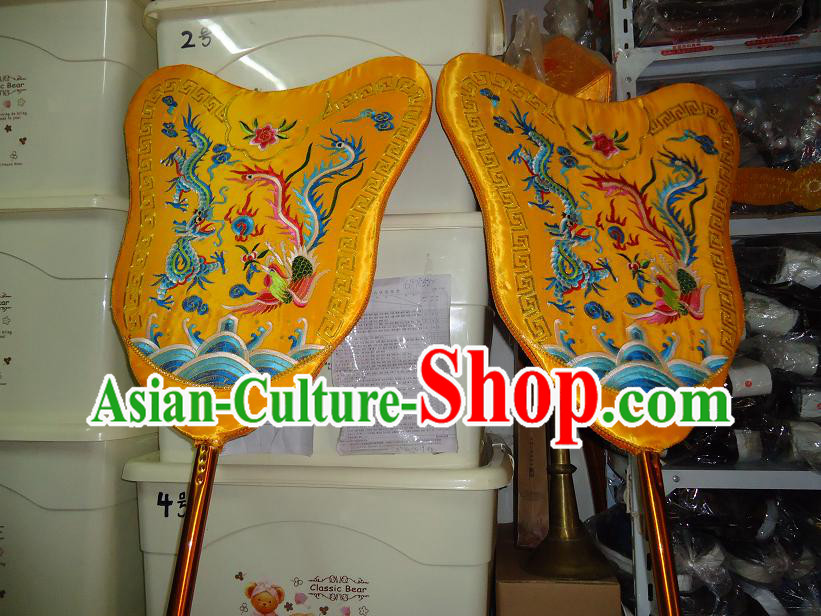 Traditional Chinese Festival Celebration Parade Embroidered Dragon Phoenix Fans Pair