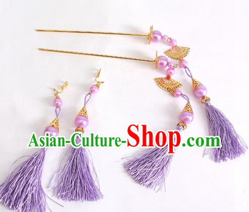 Ancient Chinese Purple Hanfu Style Hairpins and Earrings