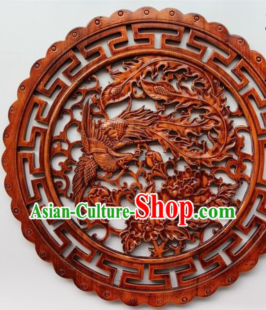 Traditional Chinese Hand Carved Round Phoenix and Peony Plaque