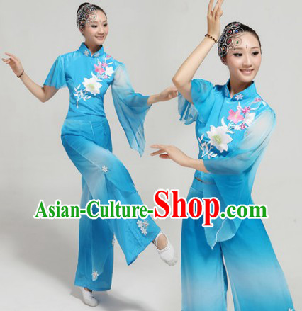 Blue Chinese Group Fan Dance Costumes and Headwear Complete Set for Women