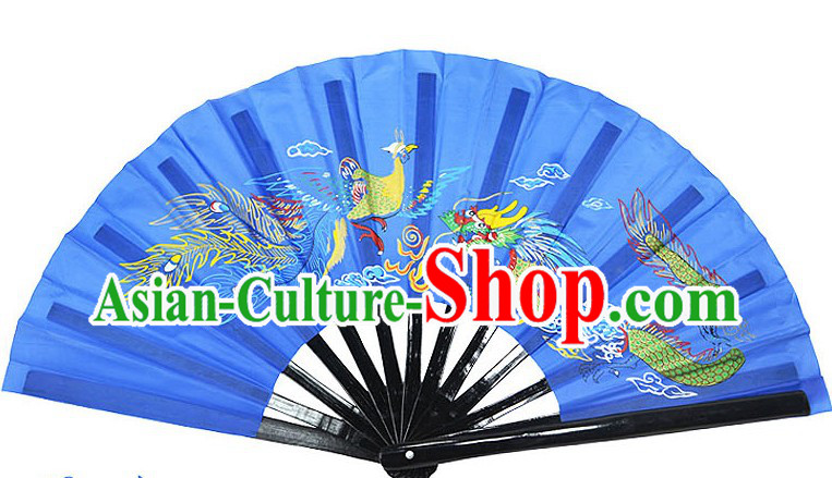 Blue Traditional Wushu Double Fans for Right and Left Hands