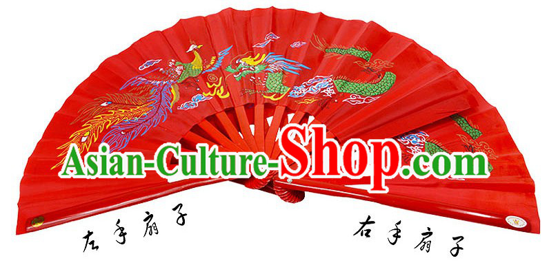 Red Traditional Wushu Double Fans for Right and Left Hands