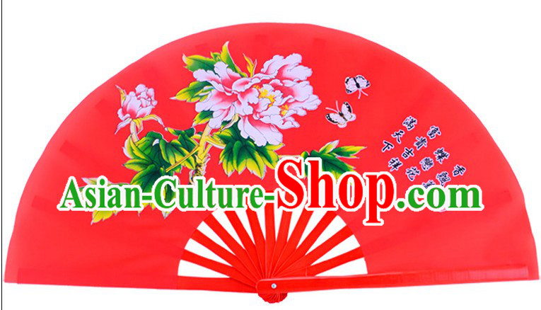 Red Traditional Kung Fu Double Fans Peony Pattern for Right and Left Hands