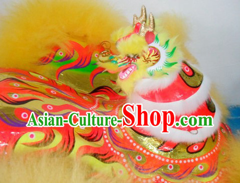 Supreme Dragon Horn Lion Dance Costumes Complete Set with Yellow Long Wool