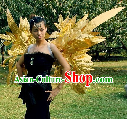 Handmade Victoria Secret Style Golden Long Feather Angel Wings Stage Performance Props