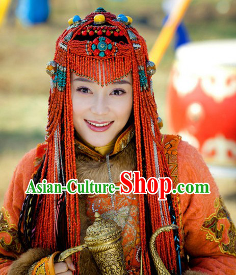 Traditional Tibetan Royal Female Dresses and Headwear Complete Set