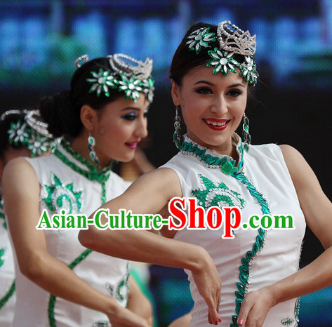 White and Green Jasmine Flower Dancewear Costume and Headwear Complete Set