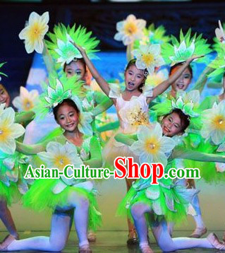White and Green Jasmine Flower Dancewear Costume and Headwear Complete Set for Kids