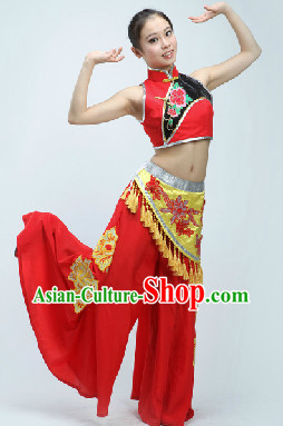 Mandarin Collar Chinese Folk Handkerchief Dance Costumes with Wide Leggings