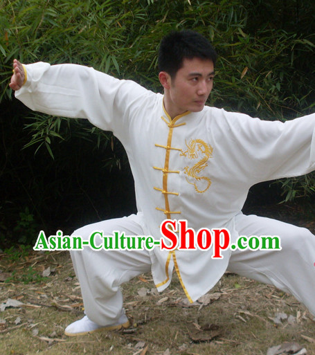 Morning Practice White Kung Fu Uniform with Gold Dragon