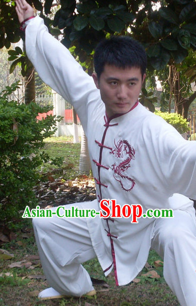 Kung Fu Practice White Blouse and Pants with Red Dragon
