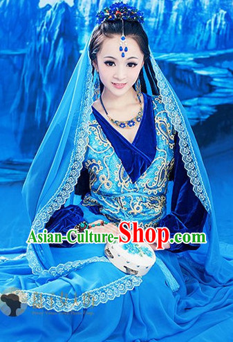 Ancient Chinese Ethnic Dance Costumes and Headwear Complete Set