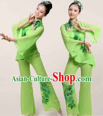 Traditional Chinese Green Fan Dancing Suit Complete Set