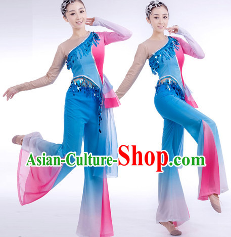 Traditional Chinese Blue Ribbon Dancing Suit Complete Set for Women