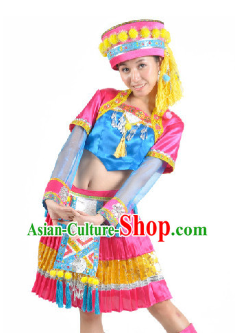 Chinese Hani Ethnic Dress and Hat for Women