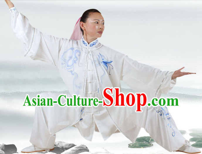 Traditional White Butterfly Embroidery Kung Fu Suit and Cape Complete Set