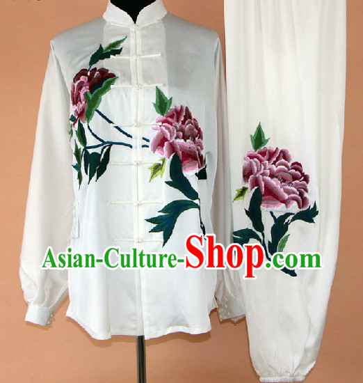 Embroidered Peony Silk Kung Fu Uniform Complete Set