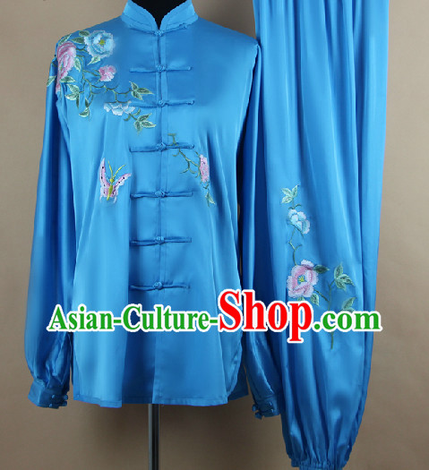 Traditional Chinese Blue Flower and Butterfly Martial Arts Uniform Complete Set