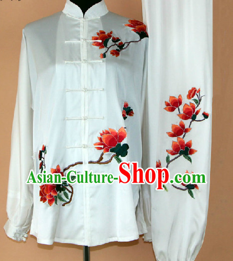 Traditional White Silk Flower Embroidery Martial Arts Competition Suit Complete Set