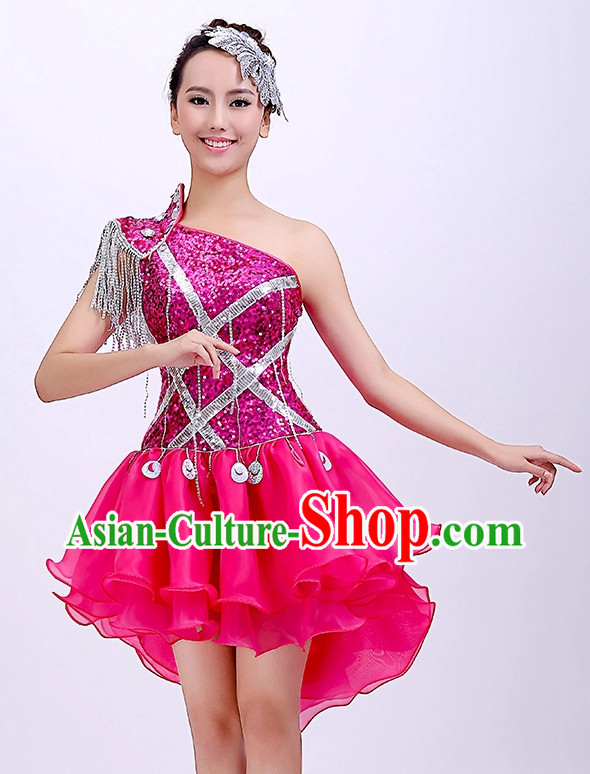 Chinese Dance Outfits Girls Short Skirt Dancewear and Headwear