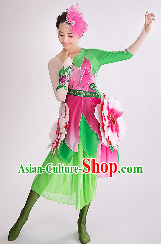 Chinese Professional Stage Flower Dancing Costume and Headwear Complete Set